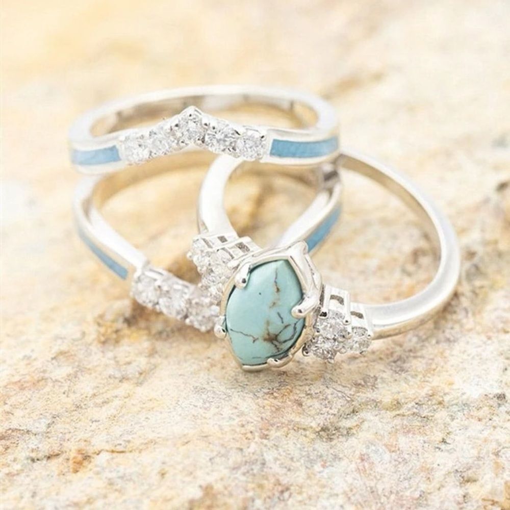 Western Bohemian Navajo Turquoise Wedding Engagement Ring Diamond Ring Set - Picture 2 of 12
